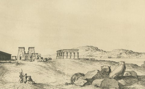 Temple of Philae on the Nile, Antique Egypt Ruins Engraving by Norden, c.1755, close-up 4
