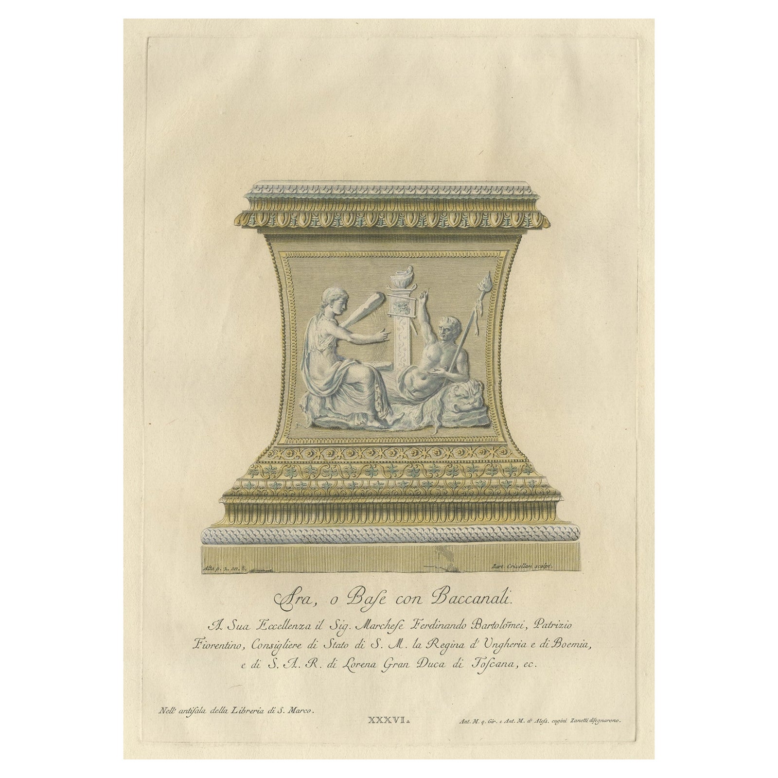 Rare Antique Engraving of a Large Ornamental Bacchic Altar or Pedestal, 1740