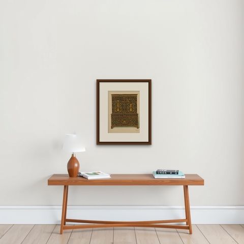 Antique Print of English Furniture 'Cabinet Press' by P. Macquoid, 1906, shown framed on a wall, true to size