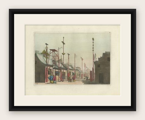 Street in Nanjing (Nanking), China, Architectural View with Banners, 1815, shown framed