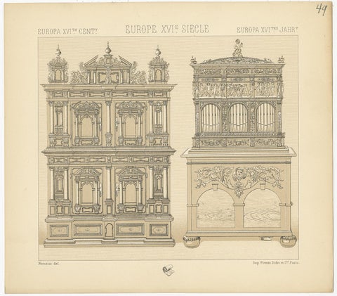 Pl. 49 Antique Print of European XVIth Century Furniture by Racinet, circa 1880, view 3