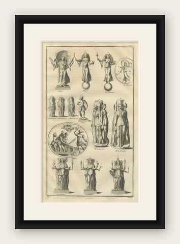 Antique Roman Goddess Statues and Reliefs, Montfaucon Classical Engraving 1721, shown framed