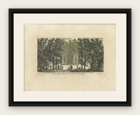 Antique Print of the Fountain at St. Cloud in France by Perelle, circa 1665, shown framed