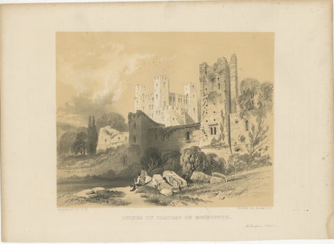 Old Print of an Idyllic Scene at the Historic Ruins of Rochester Castle, England, view 2