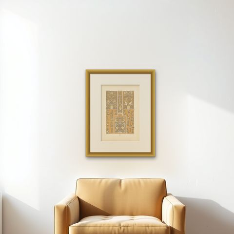 Pl. 65 Antique Print of Russian Ornaments from 14th Century by Racinet, shown framed on a wall, true to size