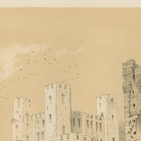 Old Print of an Idyllic Scene at the Historic Ruins of Rochester Castle, England, close-up 4