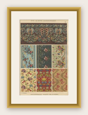 Ornamental Baroque Weaving and Embroidery Sample Print by H. Dolmetsch, 1887, shown framed