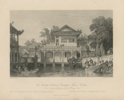 Antique China Consequa House Canton Print, Thomas Allom Steel Engraving 1843