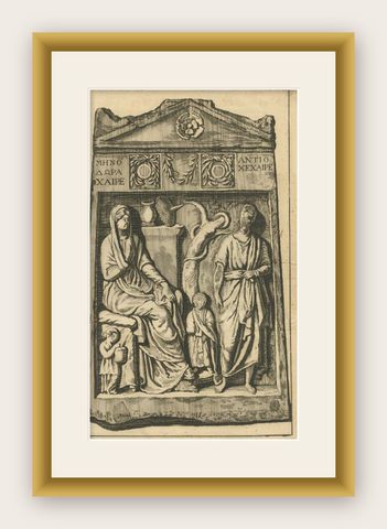 Antique Print of a Tombstone in Smyrna by De Bruyn, 1698, shown framed