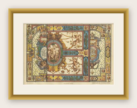 Italian Renaissance Stained Glass Design Print from Ornamentenschatz, 1887, shown framed