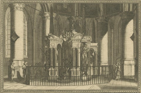 Tomb of William the Silent, Nieuwe Kerk Delft, Dutch Engraving, circa 1750, close-up 2