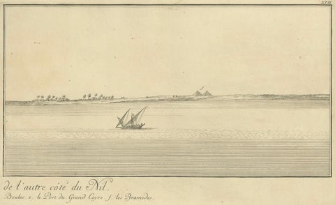 Across the Nile, Pair of Antique Egypt Engravings with Distant Pyramids, c.1755, close-up 5