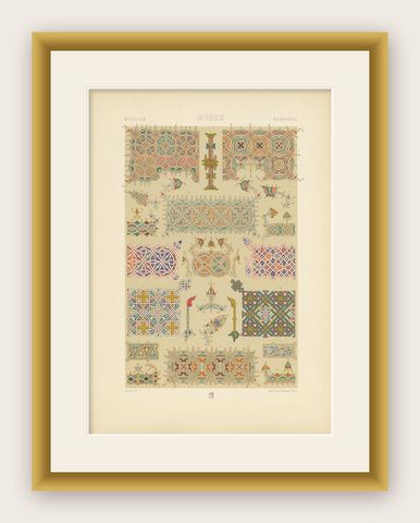 Pl. 64 Antique Print of Russian Interlace & Other Ornaments, Racinet, circa 1890, shown framed