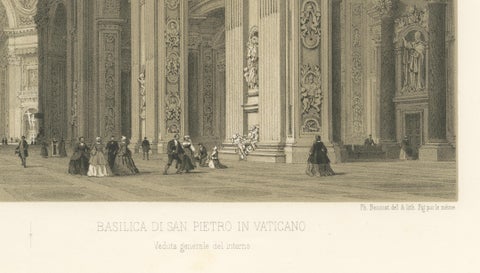 Interior of St. Peter’s Basilica Vatican Rome, Benoist Lithograph 1869, close-up 4