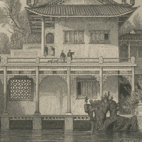 Antique China Consequa House Canton Print, Thomas Allom Steel Engraving 1843, close-up 5