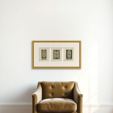 Set of Three Bavarian Decorative Panel Chromolithographs, Zettler Munich 1874, shown framed on a wall, true to size