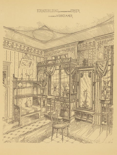 Pl. 4 Antique Print of a Living Room with Bay Window by Kramer, circa 1910, view 3