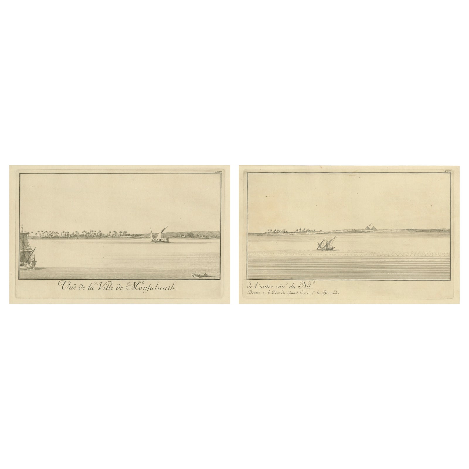 Across the Nile, Pair of Antique Egypt Engravings with Distant Pyramids, c.1755