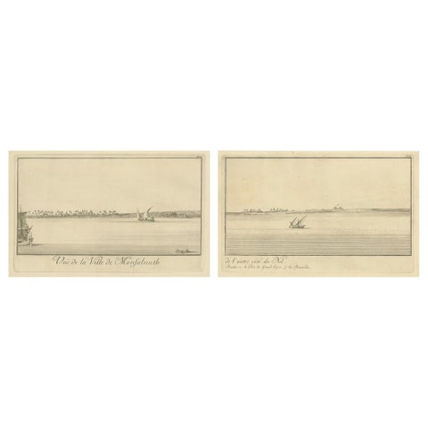 Across the Nile, Pair of Antique Egypt Engravings with Distant Pyramids, c.1755