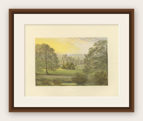 Ilam Hall Gothic Revival Estate View, English Country House Engraving, c.1850, shown framed