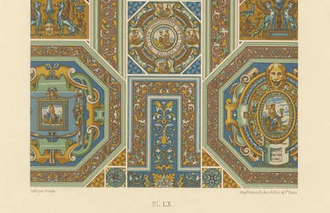 Renaissance Ceiling Designs, Antique Architectural Print, Plate LX, 1869, close-up 2