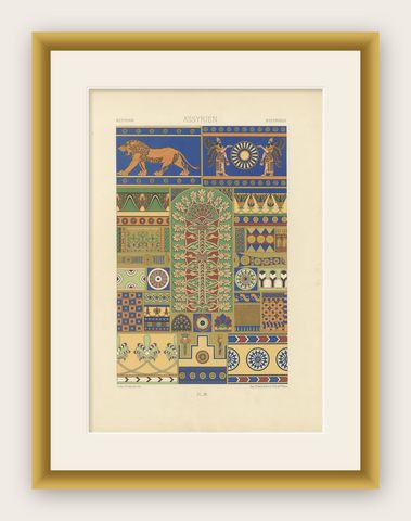 Assyrian Ornament Print, Color Lithograph of Ancient Motifs and Symbols, c.1869, shown framed