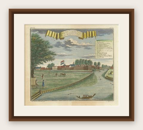 Batavia Castle and Parade Ground, Hand-Coloured Engraving by J.W. Heydt, 1738, shown framed