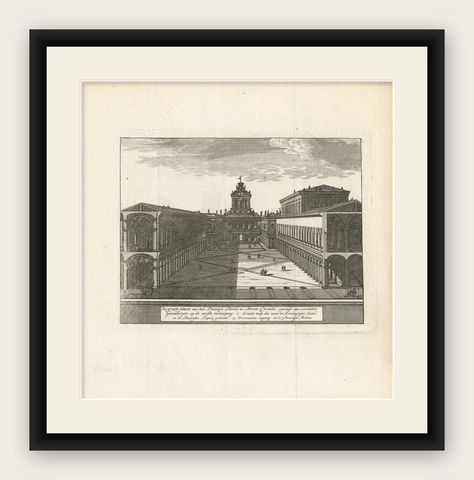 Antique Print of the Court at the Palace of Monte Cavallo, Rome, shown framed