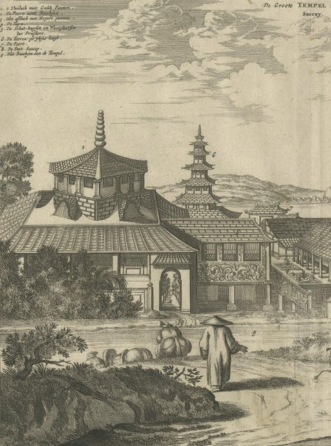 Antique Print of the Great Temple in Osaka, Japan, close-up 2