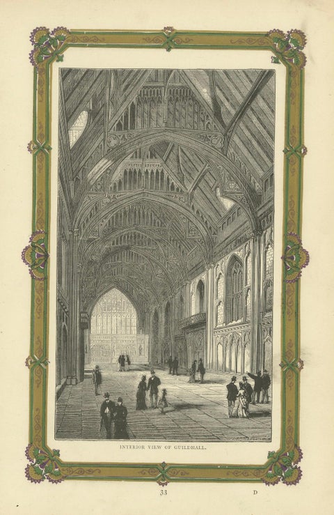 Engraved Interior of Guildhall: A Detailed Depiction of London's Ceremonial Hall, close-up 4