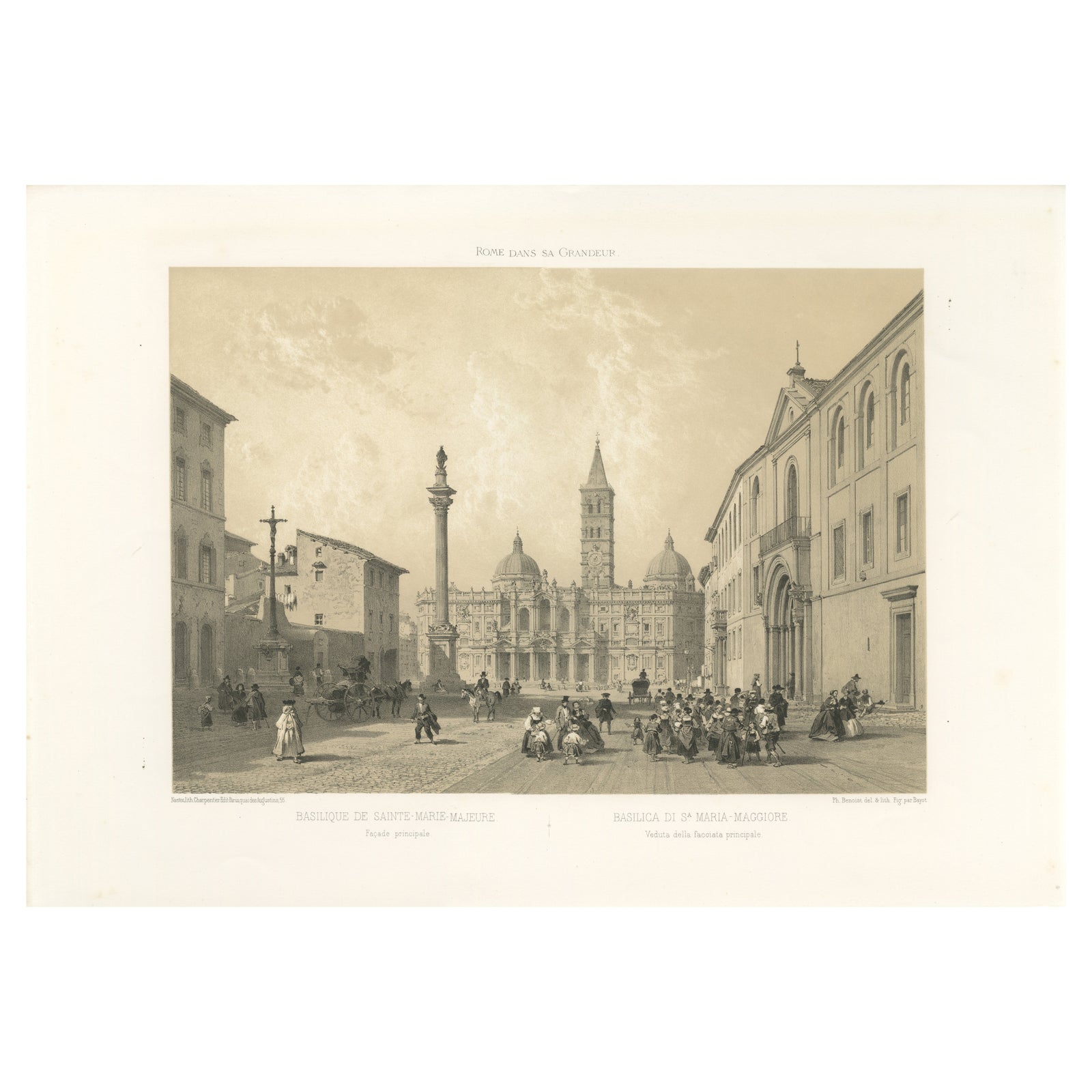 Basilica of Santa Maria Maggiore Façade, Rome, Benoist 1869 Lithograph