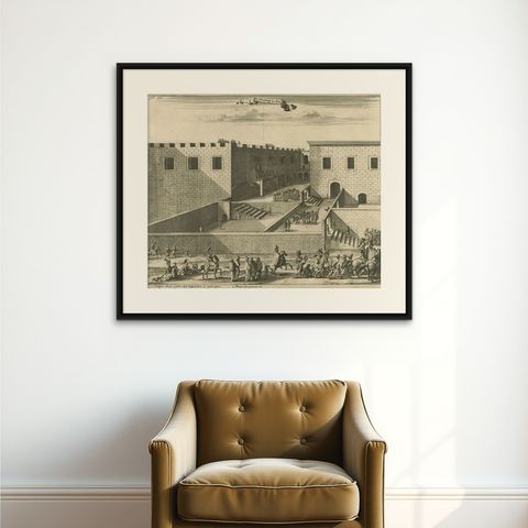 Antique Print of the Palace of Pontius Pilatus in Jerusalem, 1677, shown framed on a wall, true to size
