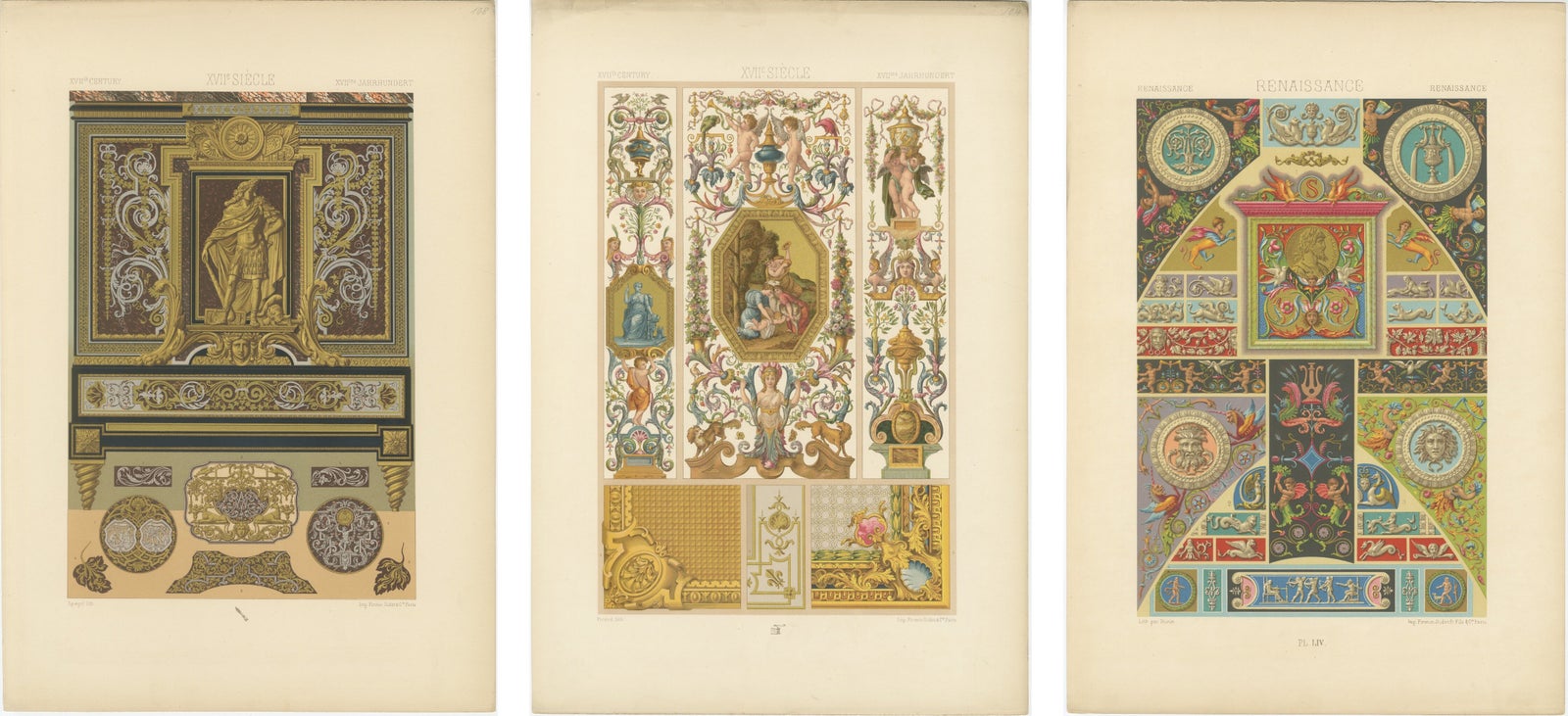 Set of Three Renaissance Decorative Panel Chromolithographs by Racinet, 1873