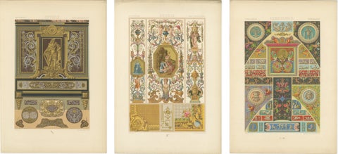 Set of Three Renaissance Decorative Panel Chromolithographs by Racinet, 1873