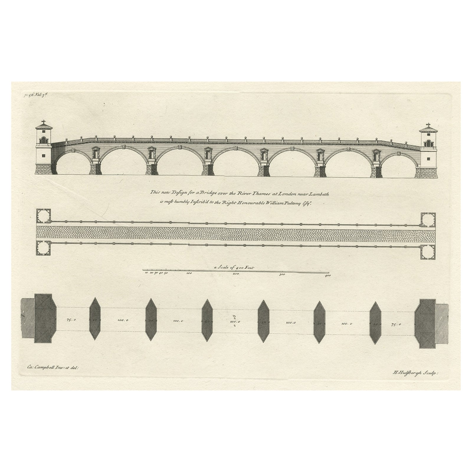 Antique Design for a New Bridge Across the Thames at Westminster, London, 1725