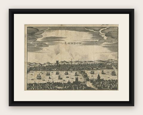 Antique Woodcut View of London, Thames River Panorama with London Bridge, c1650, shown framed