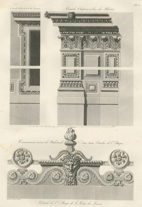 Antique Louvre Architectural Ornament Engraving, French Neoclassical, 1803, close-up 2