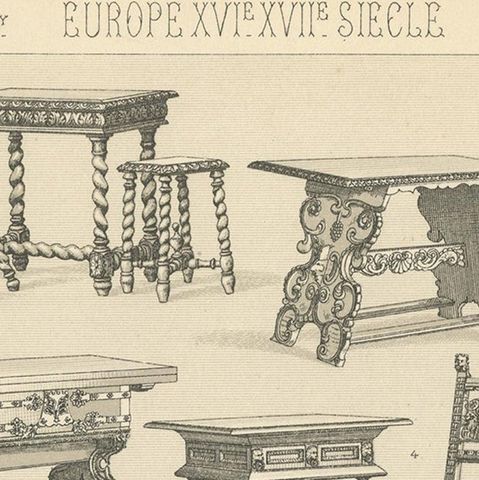 Pl. 80 Antique Print of European XVIth-XVIIth Furniture by Racinet, circa 1880, close-up 1