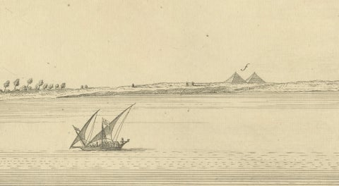 Across the Nile, Pair of Antique Egypt Engravings with Distant Pyramids, c.1755, close-up 6