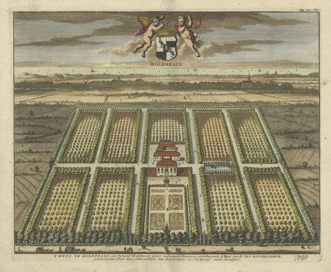 Old Decorative Handcolored Engraving of the Molenbaix Estate in Belgium, 1696