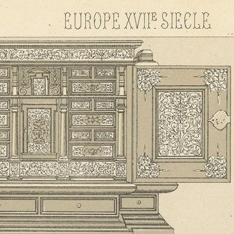 Pl 85 Antique Print of European 17th Century Furniture by Racinet, close-up 1