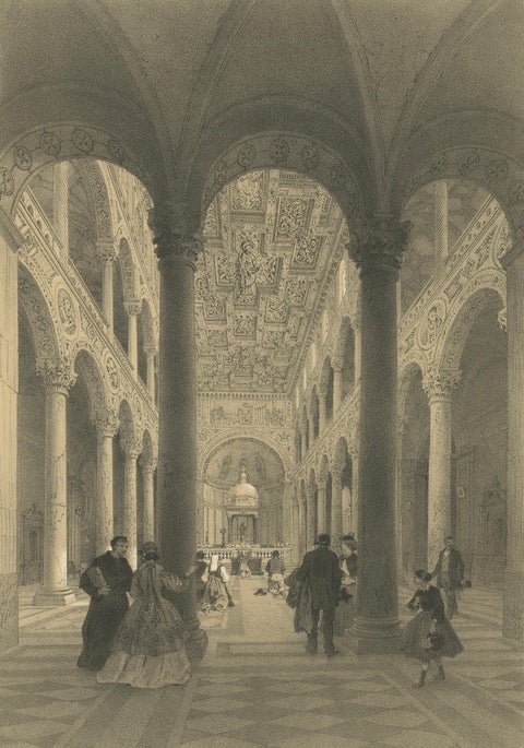 Interior of St Agnes Outside the Walls, Rome, Classical Basilica View, 1868, close-up 2