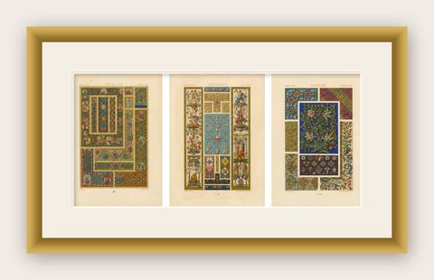 Three Medieval & Renaissance Ornament Plates by Albert Racinet, 1873, shown framed