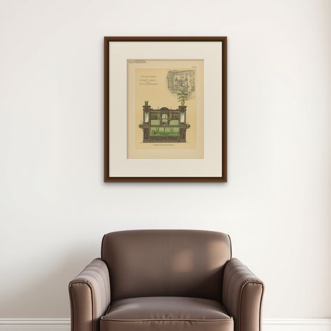 Pl. 28 Antique Print of Sofa Furniture for a Dining Room by Kramer, circa 1910, shown framed on a wall, true to size