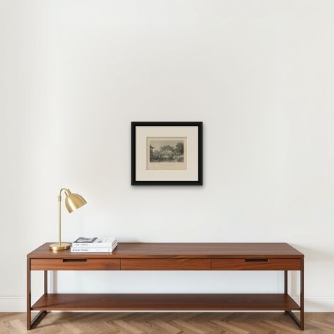 Antique China Consequa House Canton Print, Thomas Allom Steel Engraving 1843, shown framed on a wall, true to size
