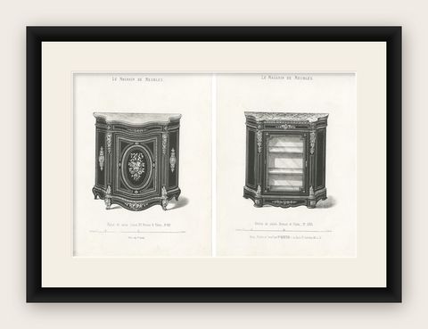 Set of 2 Antique Furniture Prints of a Vitrine and Bahut by Quetin, 'circa 1860', shown framed