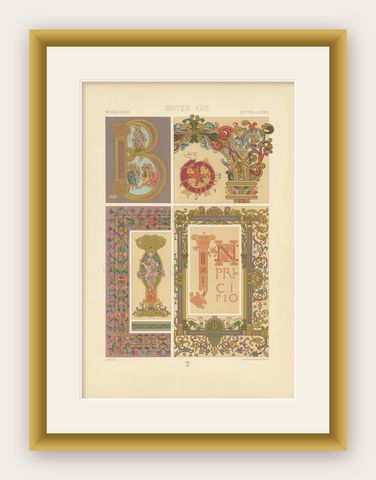 Decorative Antique Print of Manuscripts Decoration, Anglo-Saxon, circa 1890, shown framed