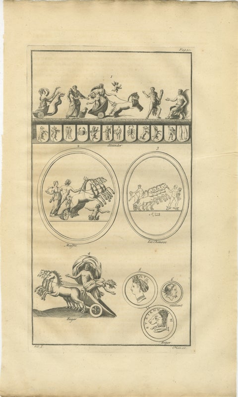 Antique Roman Chariot Reliefs and Medallions, Montfaucon Engraving, 1721, view 2