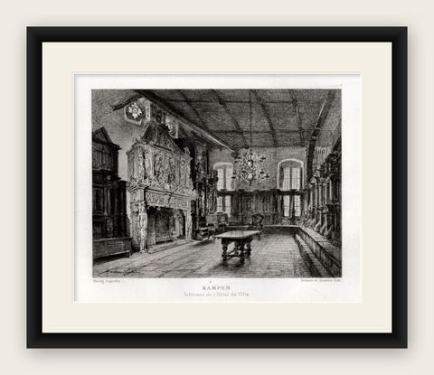 Antique Print of the Interior of the City Hall of Kampen by Lalanne, 1882, shown framed