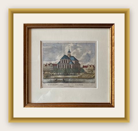 Framed Antique Print of the Temple Orientale Oosterkerk in Amsterdam, 1710, shown framed